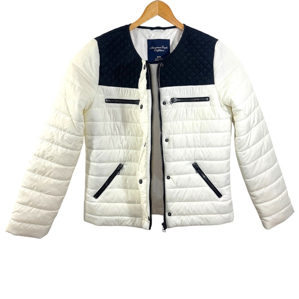 American‎ Eagle Women's Quilted Puffer Jacket Cream Black Moto Style Size M